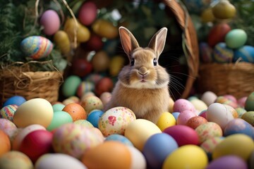 Fototapeta na wymiar a rabbit sitting in a pile of colored eggs. Generative AI