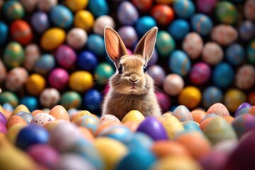 Fototapeta na wymiar a rabbit sitting in a pile of colored eggs. Generative AI