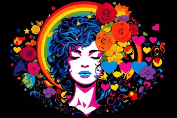 Naklejka premium vibrant pop art piece that combines the rainbow flag of the LGBTQ+ community with iconic symbols of love and unity