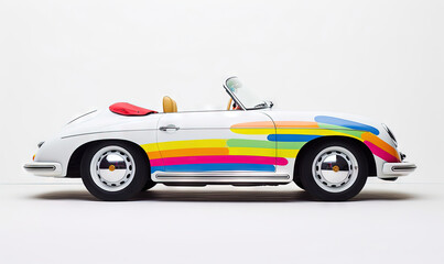 Obraz na płótnie Canvas a white car with a rainbow paint job on it's hood. generative ai