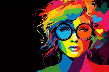 vibrant pop art piece that combines the rainbow flag of the LGBTQ+ community with iconic symbols of love and unity