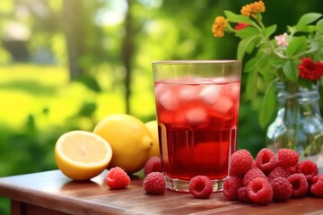A glass of raspberry lemonade on a garden table