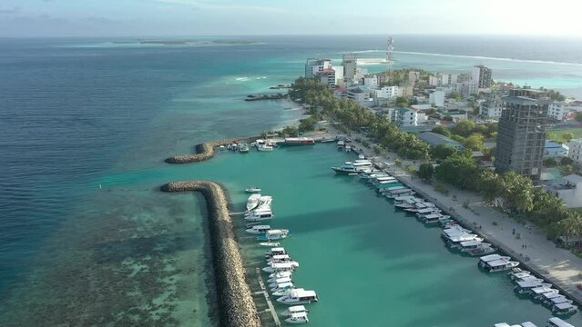 Drone photo of waves. The Maldives on a sunny day