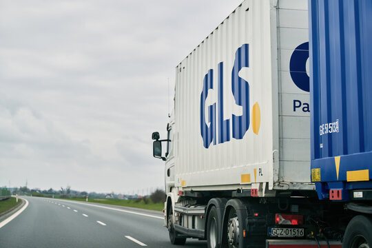 16.04.2023 Poland, Europe. Truck with GLS logo container trailer on a highway. GLS truck on the freeway