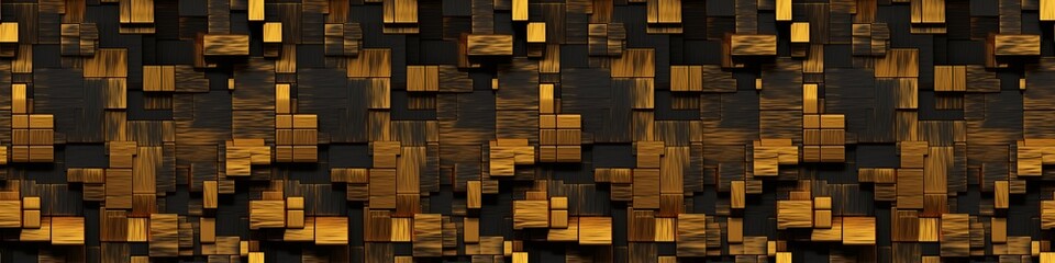 Abstract dark geometric luxurious noble gold black 3d texture wall with squares and rectangles background banner illustration panorama long, textured wallpaper, seamless pattern (Generative Ai)