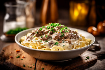 Delicious Beef Stroganoff on a Wooden Table Created with generative AI tools