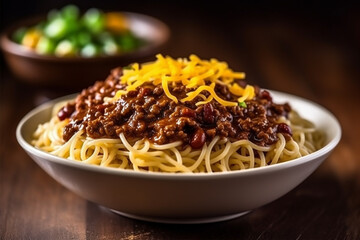 Delicious Cincinnati Chili on a Wooden Table Created with generative AI tools