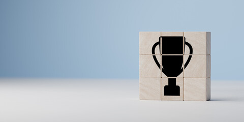 trophy prize icon on wooden cubes. Success and achievement concept. Business success and goal...