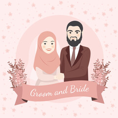Bride and Groom Cute Muslim Couple Portrait Illustration in Pink and Blue Attire Banner Template