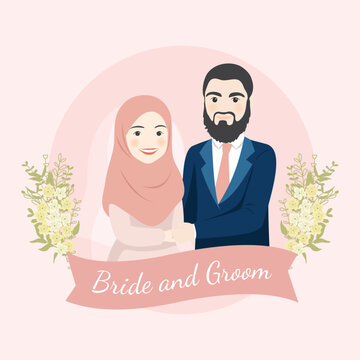 Bride and Groom Cute Muslim Couple Portrait Illustration in Pink and Blue Attire Banner Template