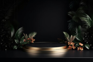 Beauty, fashion, make-up, product concept. Minimalist product placement black podium with leaves and flowers in background and copy space. Minimalist and luxury style. Generative AI