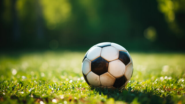 Soccer ball on the green grass field with forest in the background