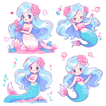 Clip art, character design sheet, Set of A cute mermaid isolated 