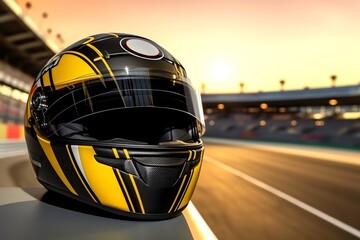 A helmet on a motor racing track