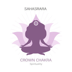 Sahasrara location. Seventh, crown chakra symbol. Female silhouette meditating in lotus position. Work with subconscious. Indian culture. Flat vector illustration.