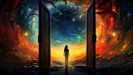 girl opens the door to space