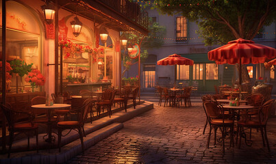  a painting of a restaurant with tables and umbrellas on a cobblestone street.  generative ai