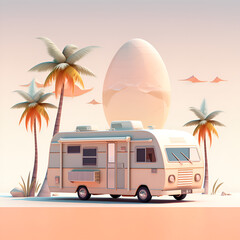 illustration of a caravan camping in the desert with palm trees, Generative AI