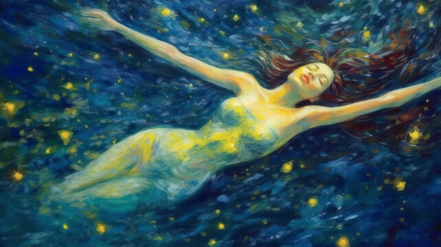 woman in a dream flies through the universe