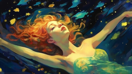 woman in a dream flies through the universe