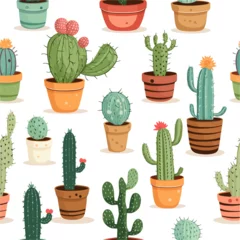 Poster Cactus en pot Colorful cactus doodle and Kawaii cute style, seamless pattern