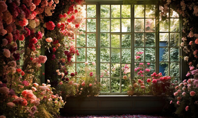 Fototapeta na wymiar a window with a bunch of flowers on it next to a rug. generative ai