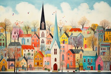 Fototapeta na wymiar Colorful Church, village and trees. Illustration
