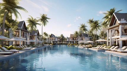 A tranquil retirement village in Thailand near a beach with beautiful buildings and a pool, travel, hotel, coconut tree, house, luxury, Ai generate. - obrazy, fototapety, plakaty