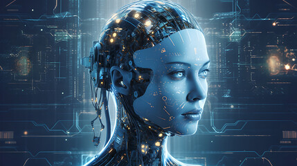 Naklejka na ściany i meble Artificial intelligence in humanoid head with neural network thinks. advanced artificial intelligence for the future rise in technological singularity