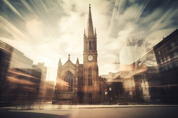 Fototapeta na wymiar Church in the middle of the road with motion blur effect. Pinhole photography