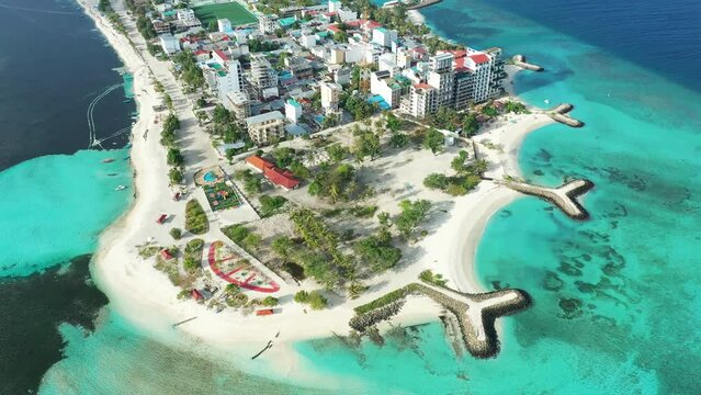 Drone shot of Maafushi island. Maldives on sunny day