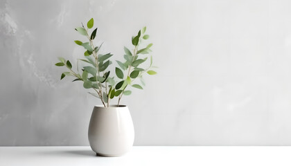Green eucalyptus leaves in vase on white table. Minimalist still life. Light and shadow nature. Place for text, copy space, empty space.