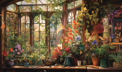 Fototapeta na wymiar a painting of a window with potted plants and flowers. generative ai