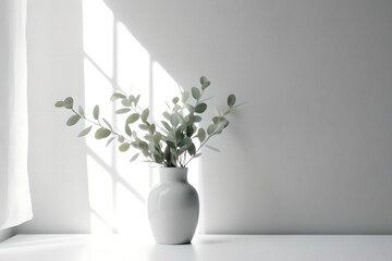 Green eucalyptus leaves in vase on white table. Minimalist still life. Light and shadow nature. Place for text, copy space, empty space.