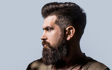 Side view portrait of stylish young man. Perfect beard. Close-up of young bearded man, stylish...