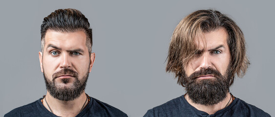 Shaving, hairstyling. Beard, shave before, after. Long beard Hair style hair stylist. Collage man...