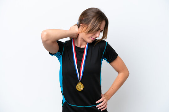 Young caucasian woman with medals isolated on white background with neckache