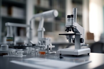 A microscope on a lab table with an empty science lab