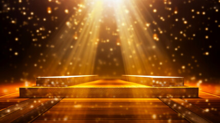 Empty gold festive stage with light beams and shines glow, empty room at night background with copy space for award ceremony, jubilee or product presentations. Generative AI	
