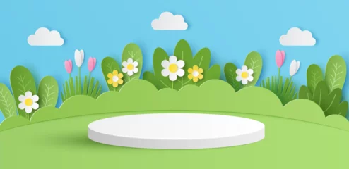 Papier Peint photo Chambre denfants Paper cut of white cylinder podium with spring landscape, green nature background for products display presentation. Vector illustration