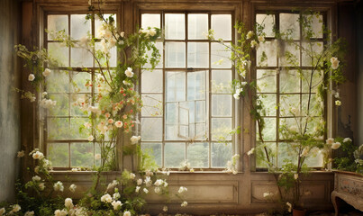 a room with two windows and a bunch of flowers on the window sill.  generative ai
