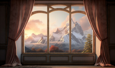  a window with a view of a mountain range outside of it.  generative ai