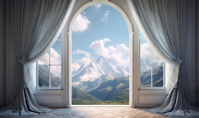  an open window with a view of a mountain range outside.  generative ai