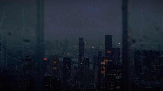 rain window glass city landscape rain drops 4k background