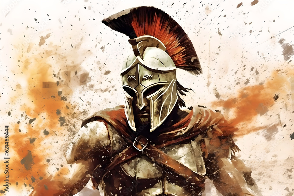 Canvas Prints illustration of spartan king demigod in golden armor and helmet, holding spear and shield with grunge background. Spartan soldier illustration with helmet and battlefield in background