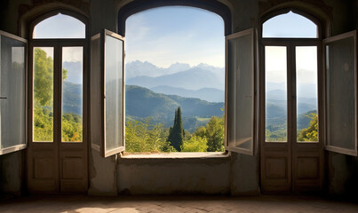  an open window with a view of mountains and trees outside.  generative ai