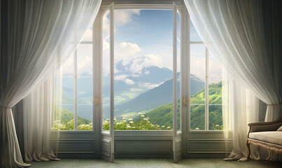  an open window with a view of a mountain and valley.  generative ai