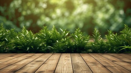 wooden background with grass, realistic style Generative AI