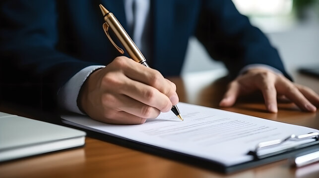 Businessman validates and manages business documents and agreements. Businessman leafing through documents and signing contract for business deal at work in office