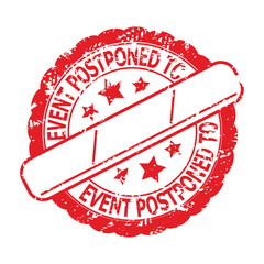 Cancelled event and rescheduled, new date and event update, event cancellation rubber stamp